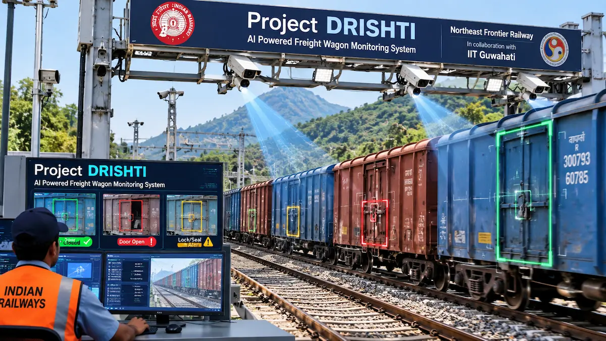 Northeast Frontier Railway freight train moving along tracks, representing AI-powered Project DRISHTI wagon monitoring system