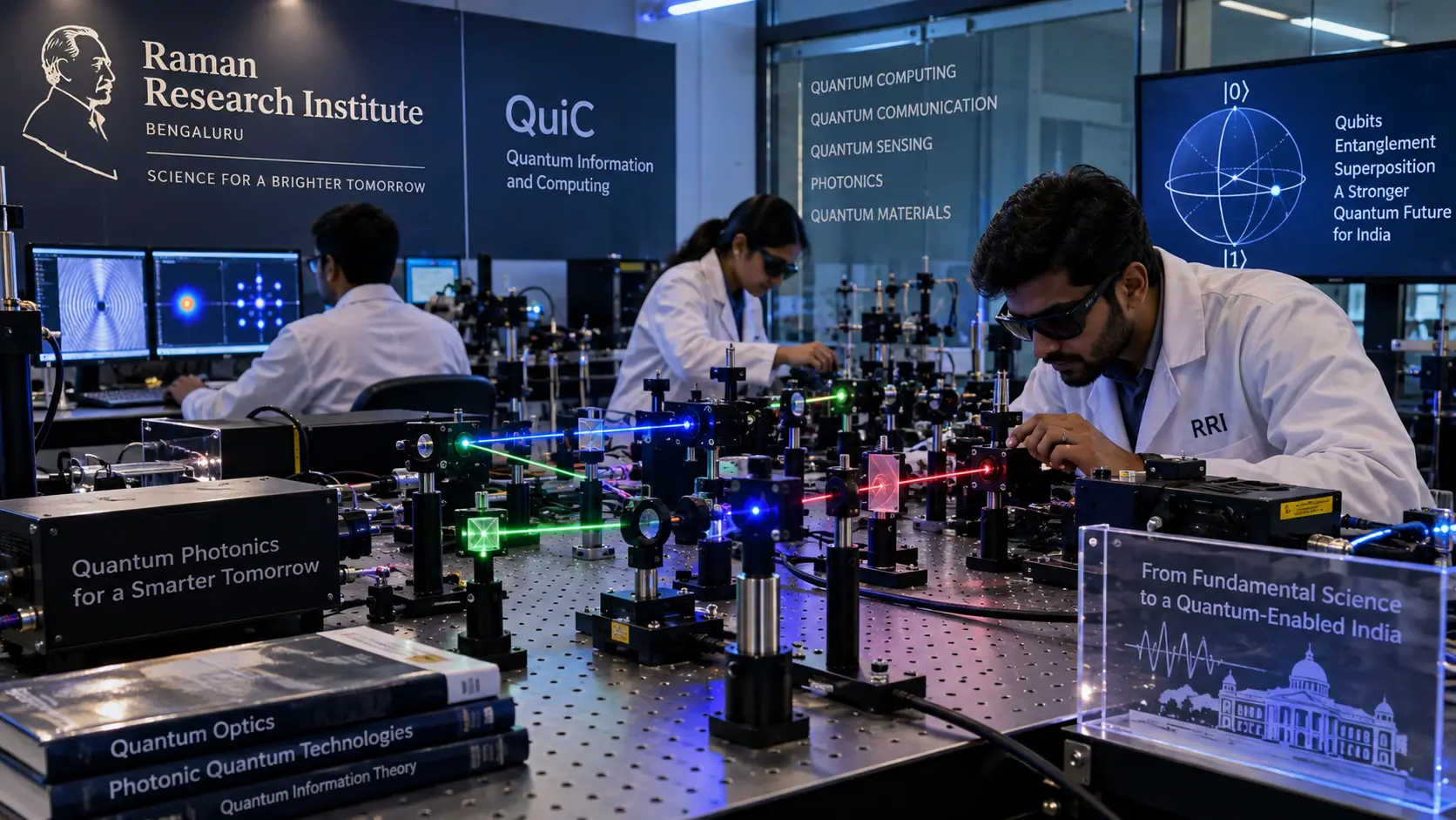 Quantum physics laboratory equipment at Raman Research Institute (RRI) QuIC lab in Bengaluru setup for photonics experimentation