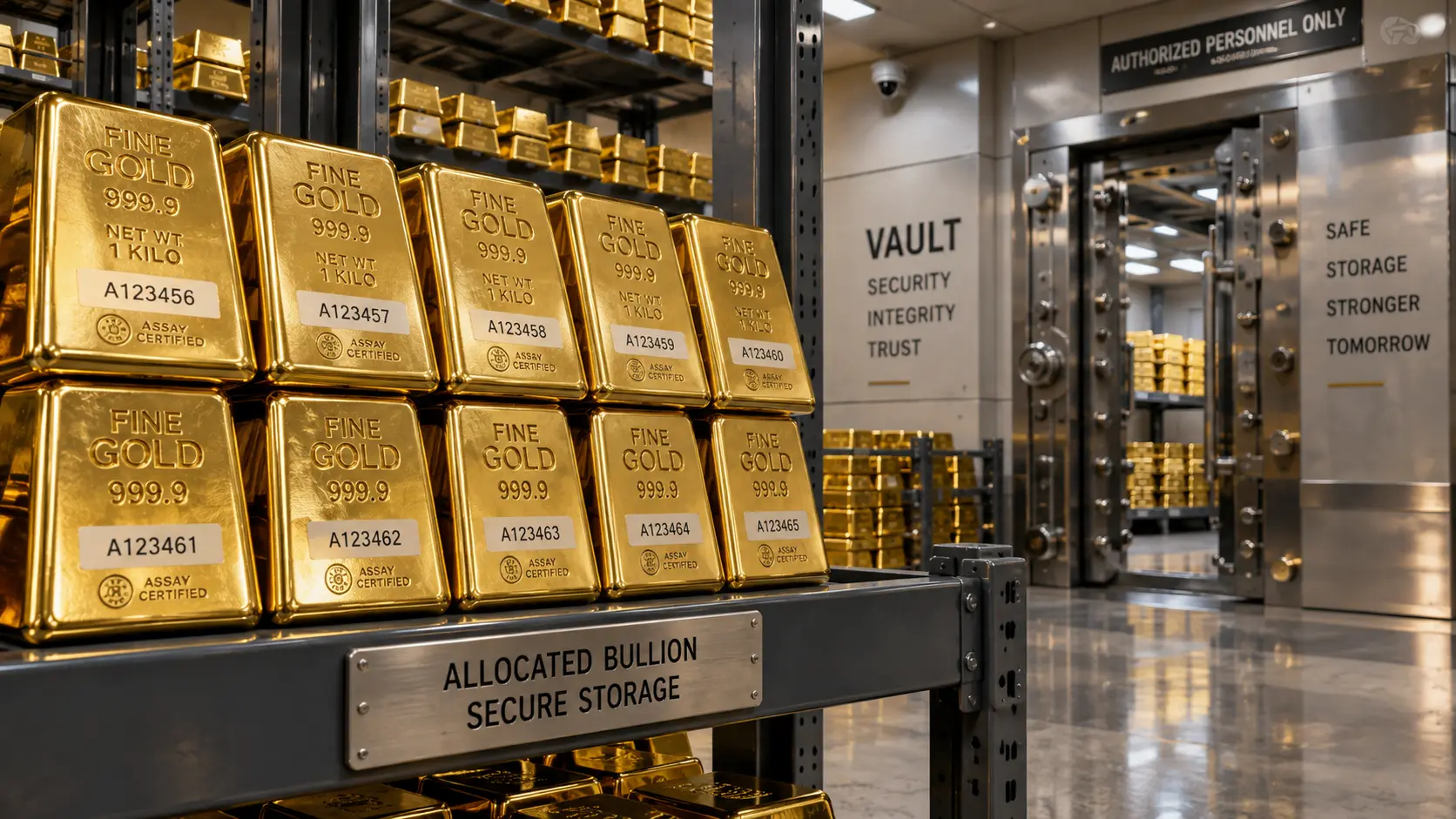 Labeled stack of certified fine physical gold bullion bars stored in a secure institutional vaulting facility.