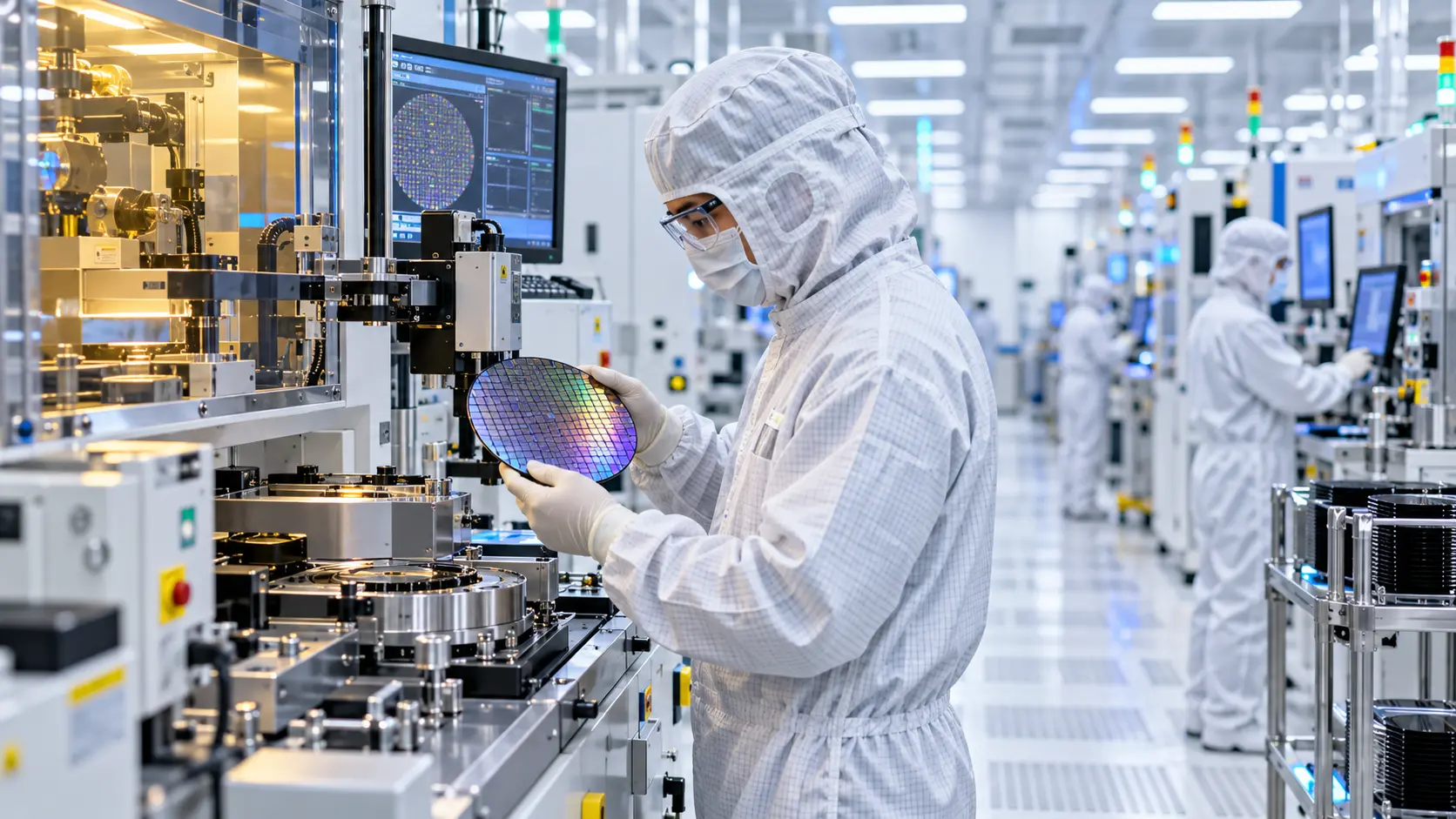Technician working inside an advanced silicon semiconductor cleanroom assembly facility.