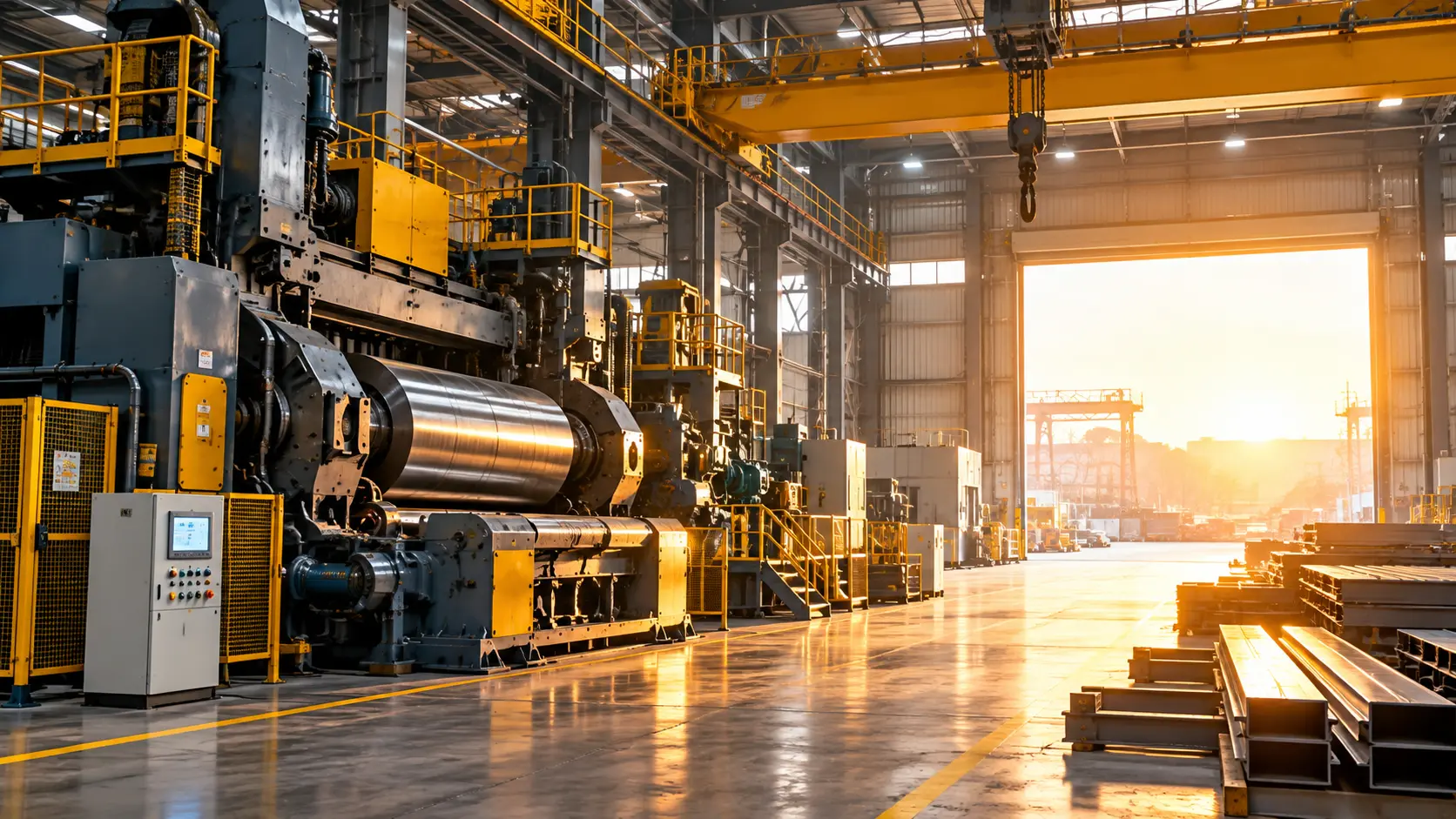 Heavy machinery in a factory building with bright light coming from a large, open doorway.
