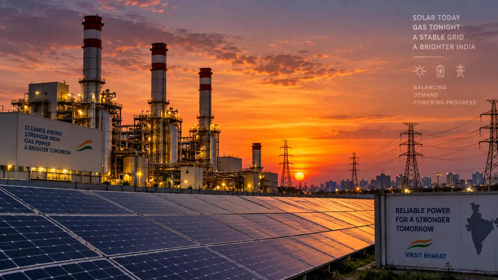 Gas-fired thermal power plant and solar panels operating under evening sky in India to balance peak electricity grid demand.