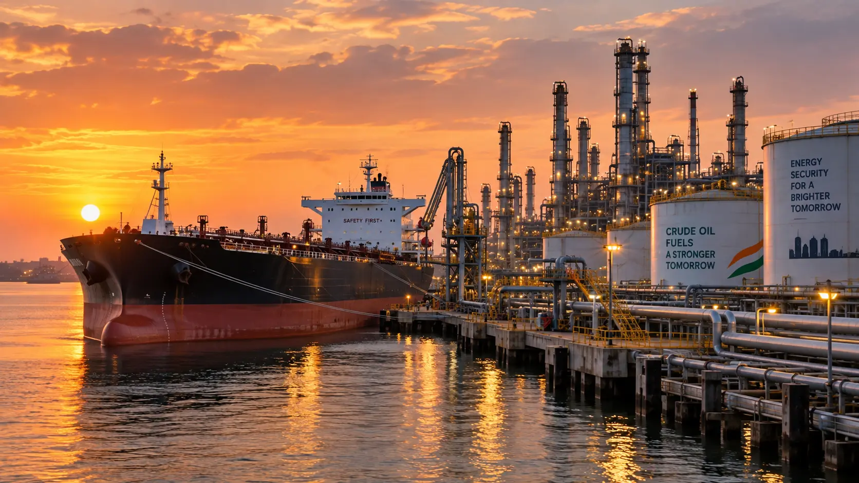 Large oil tanker vessel docked near an industrial oil refinery terminal at sunset.