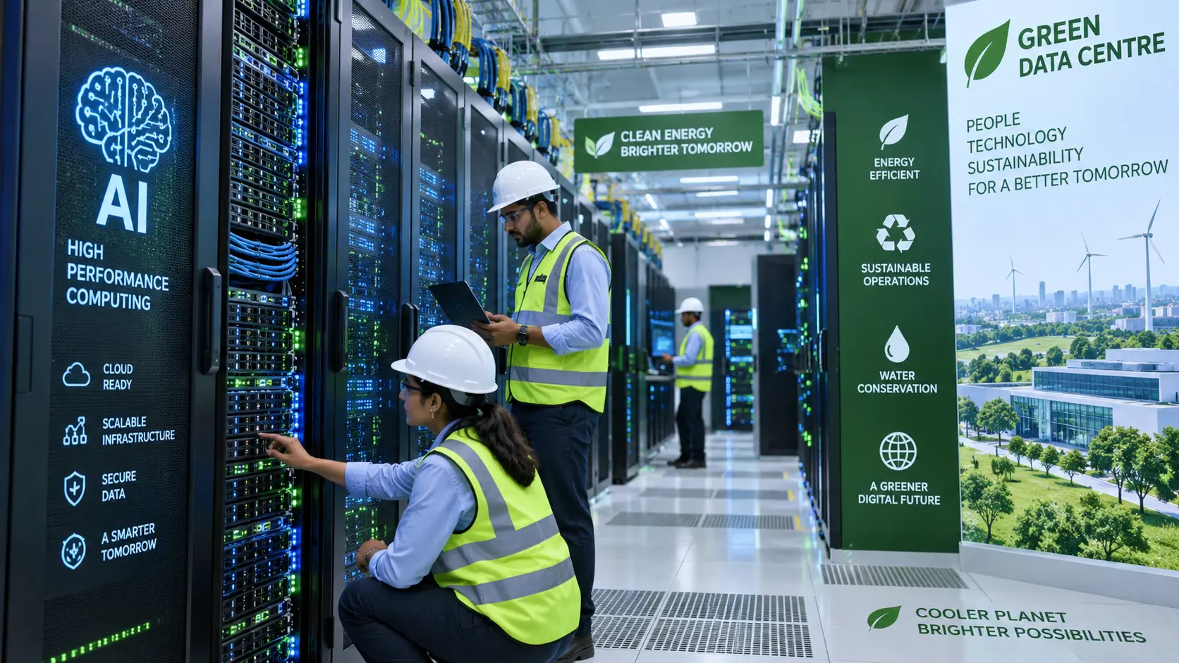 Engineers inspecting high-performance AI computing servers inside an energy-efficient, green-certified data centre.
