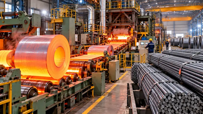 Interior of an integrated steel manufacturing plant showing automated machinery processing hot-rolled coils and structural TMT bars.