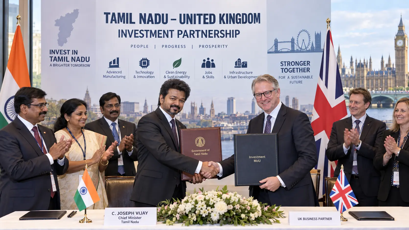 Tamil Nadu state delegation and UK corporate leaders exchanging signed investment MoUs in London.