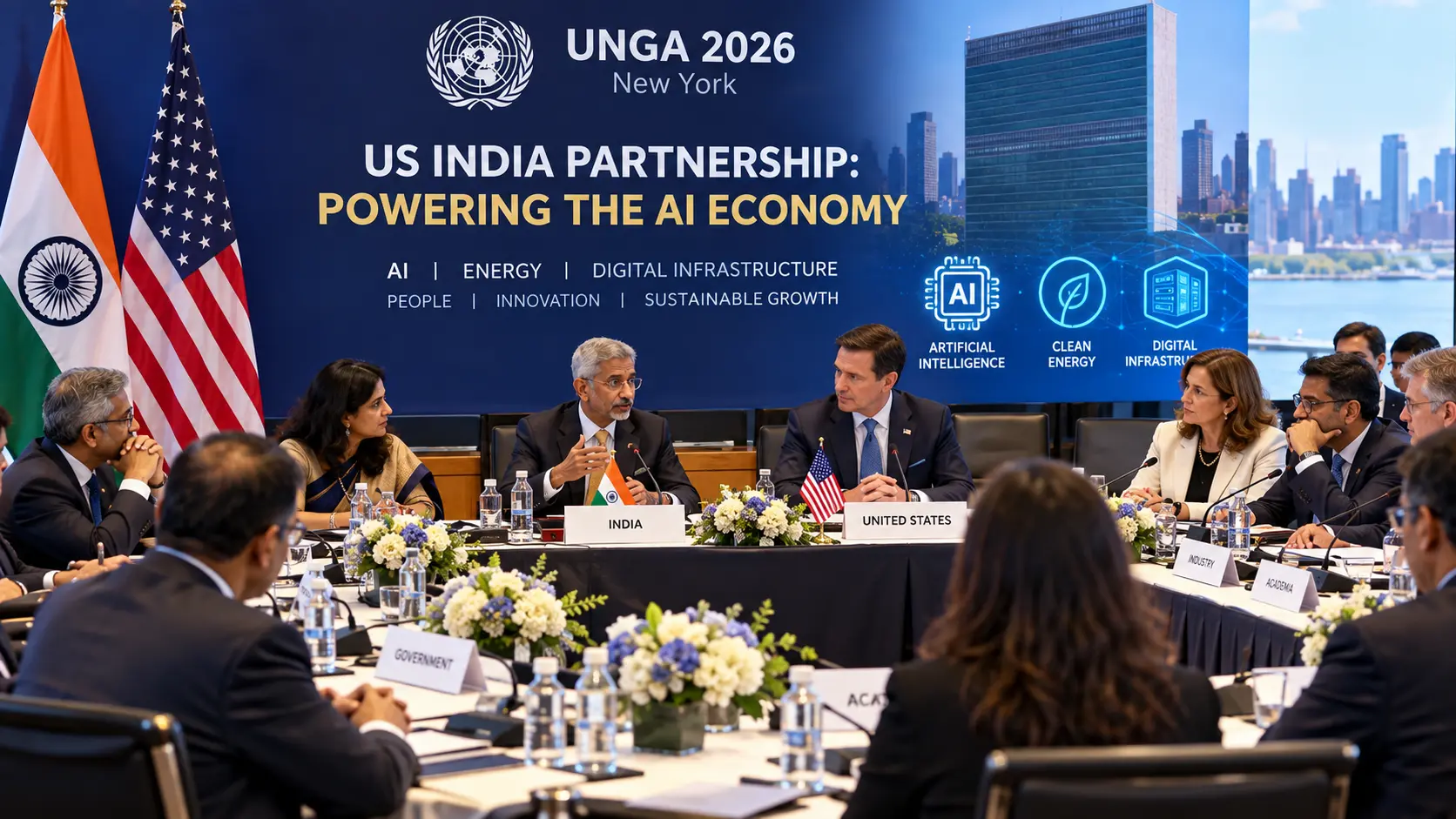 Representatives from government, industry, and academia attending the US-India UNGA 2026 roundtable on AI economy and energy infrastructure in New York.