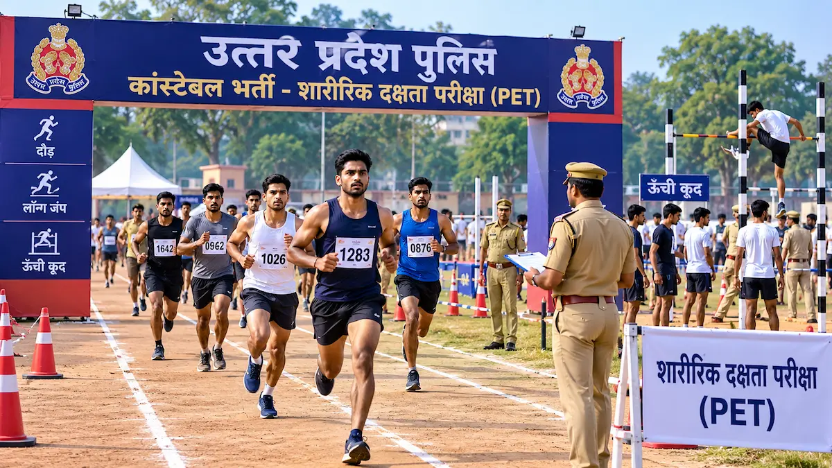 Uttar Pradesh Police Constable Physical Efficiency Test running venue setup and candidates preparing.