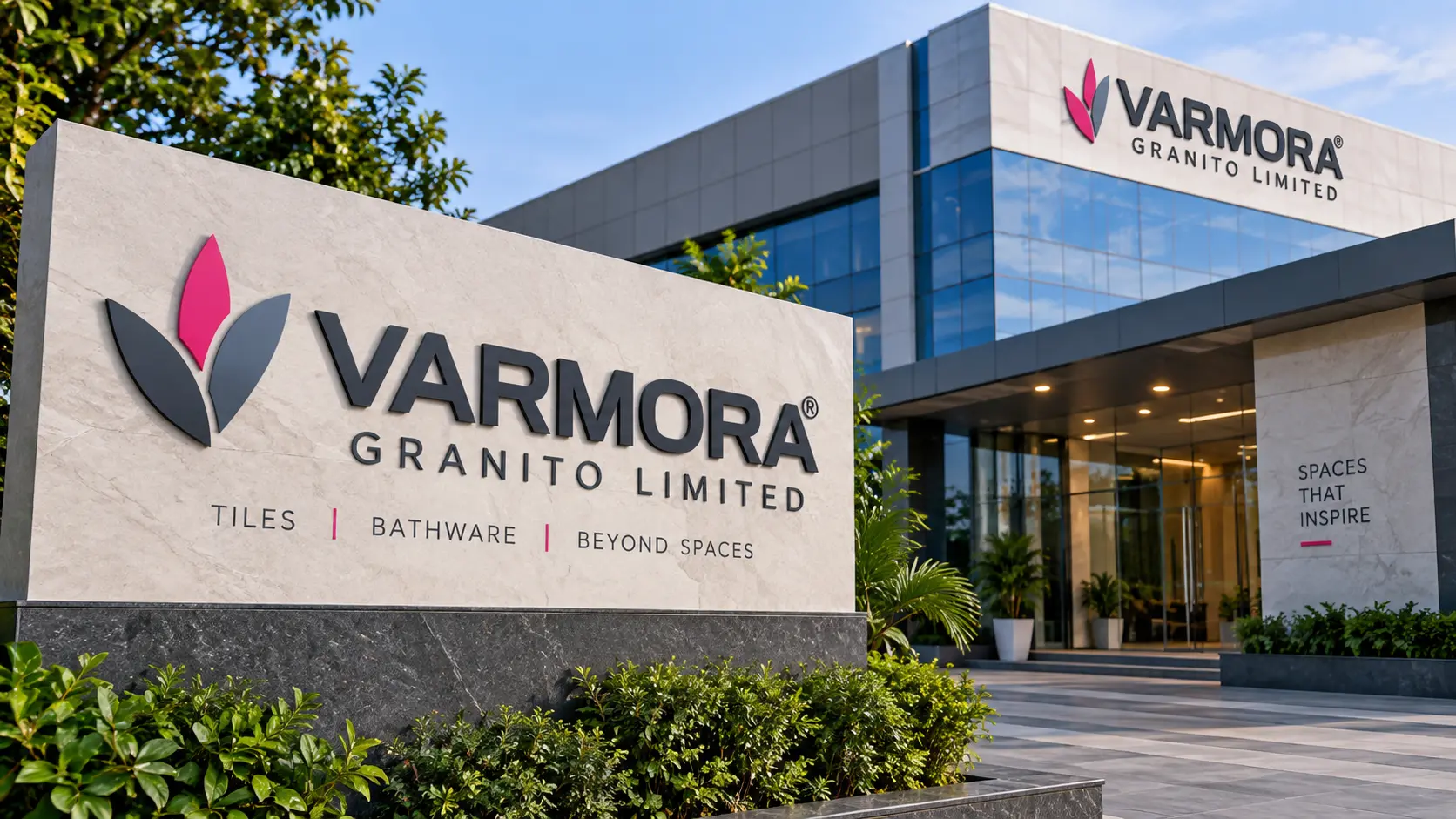 Varmora Granito Limited corporate logo and company signage set against a modern office building exterior.