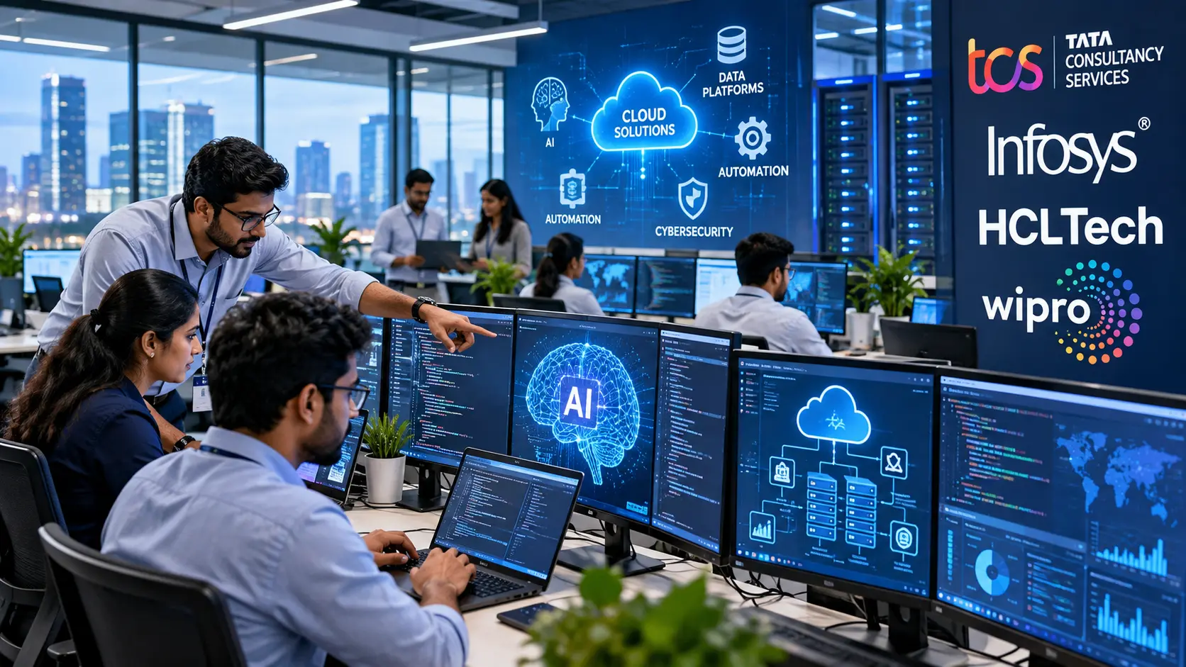 Indian IT services professionals working on artificial intelligence infrastructure and cloud solutions in a modern technology enterprise office.