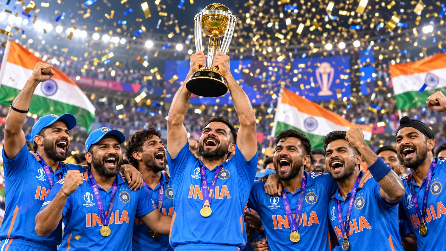 Indian cricket team celebrating World Cup trophy victory under confetti