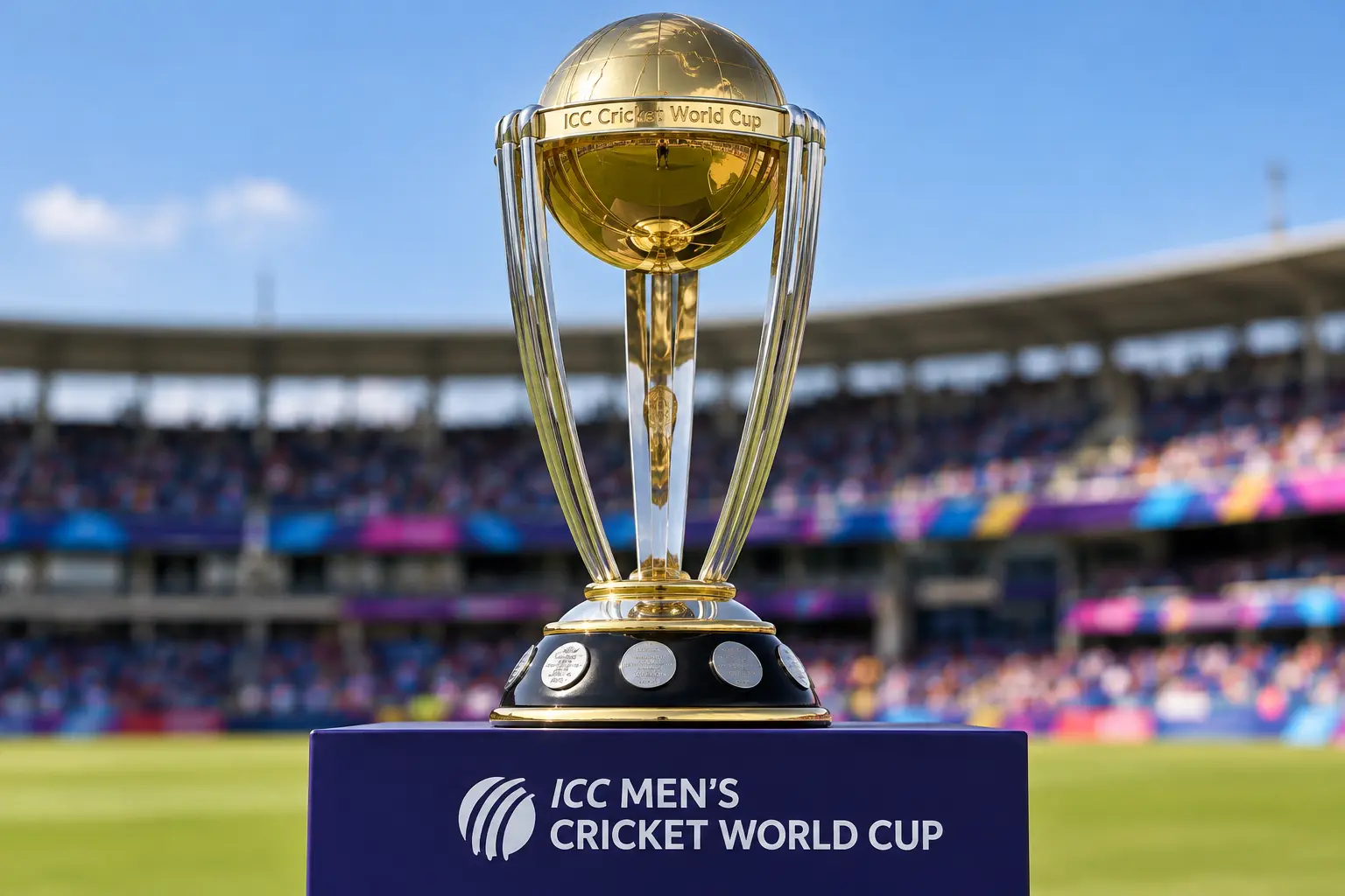 Official ICC Men's ODI Cricket World Cup Trophy on display.