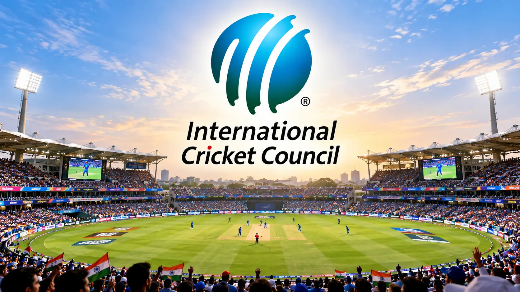 Official logo of the International Cricket Council (ICC) displayed prominently over a packed cricket stadium during an international match.