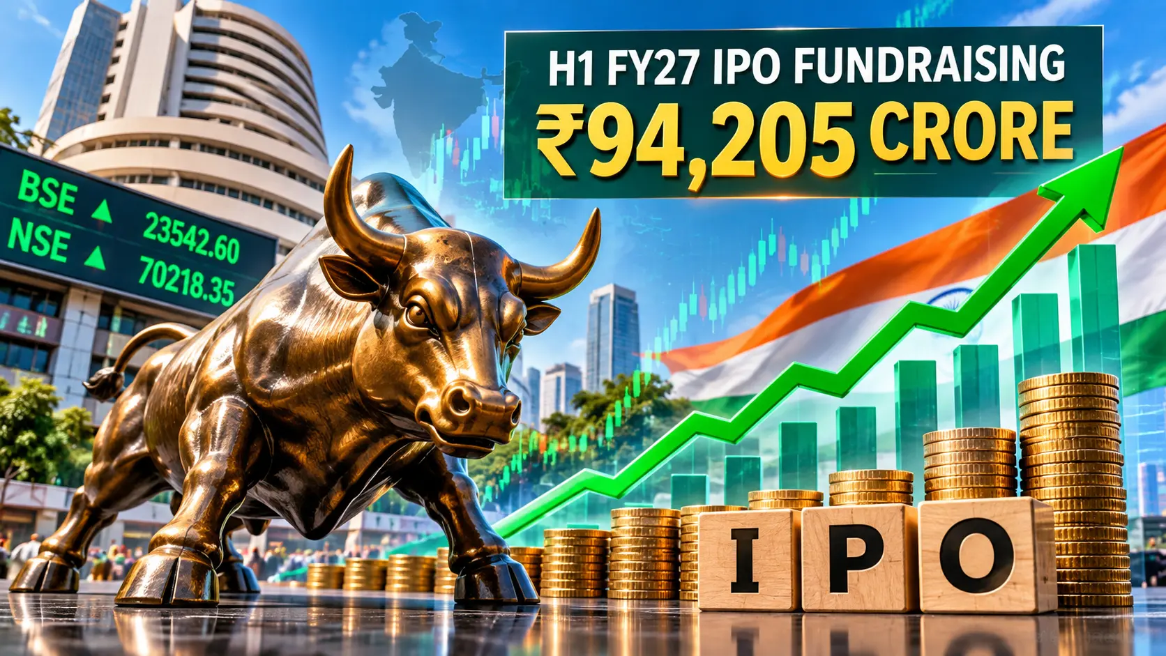 Stock market bull and rising performance chart representing record H1 FY27 IPO fundraising in India.
