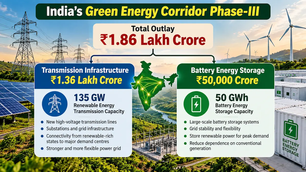 Diagram showing India's Green Energy Corridor Phase-III budget breakdown into ₹1.36 lakh crore transmission infrastructure and ₹50,000 crore battery energy storage.