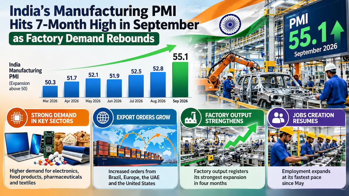 Infographic showing India's Manufacturing Purchasing Managers' Index (PMI) rising to 55.1 in September 2026, featuring icons for electronics, export growth, factory output, and job creation.