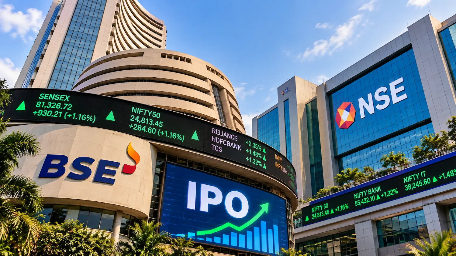 Exterior view of the stock exchange building displaying electronic ticker boards, symbolizing primary market activity and upcoming IPO listings on BSE and NSE in India.