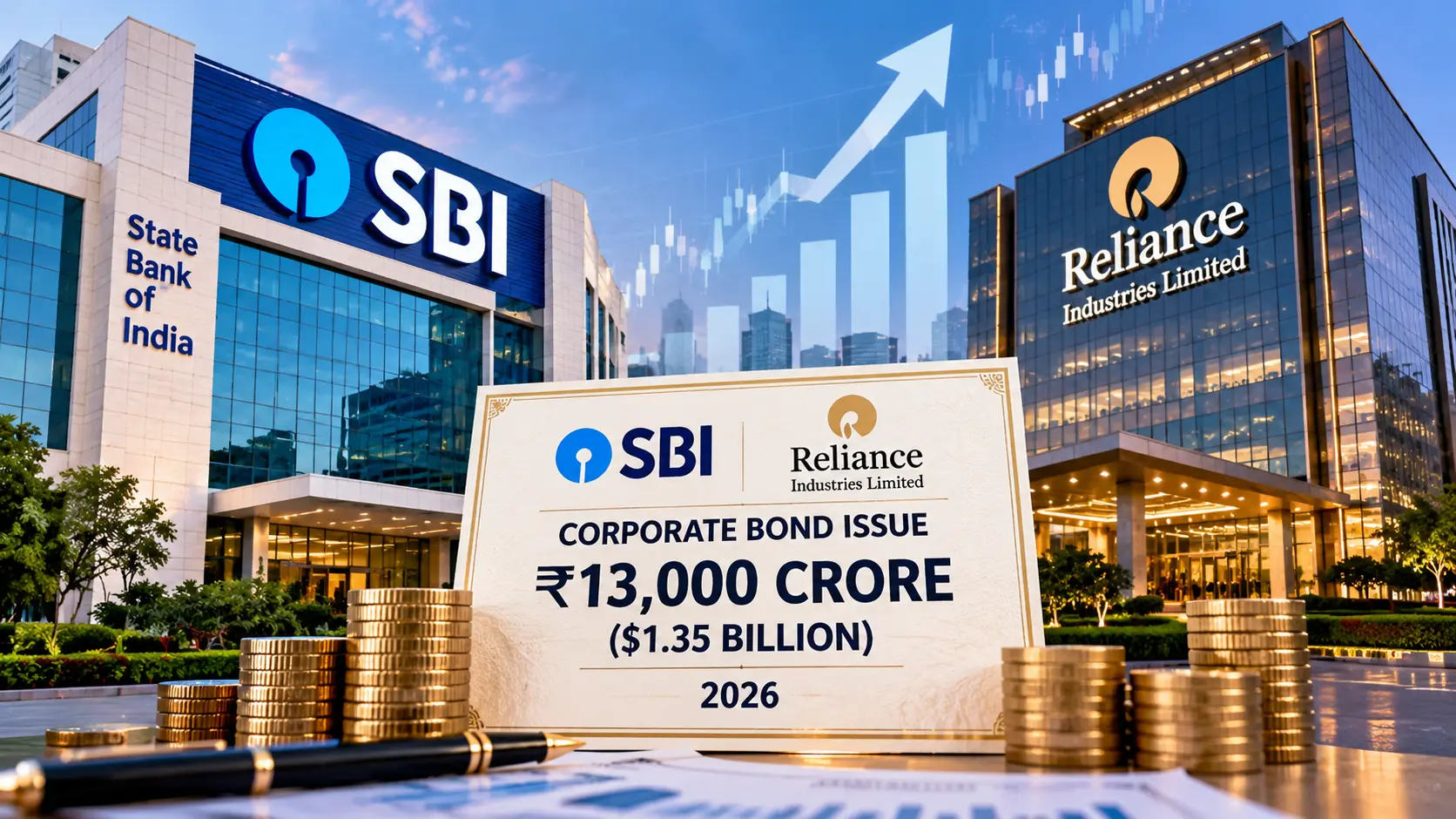 State Bank of India building logo alongside Reliance Industries headquarters symbolising the ₹13000 crore corporate debt issuance in 2026.