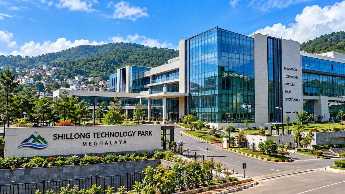 A wide, daytime exterior photograph of the Shillong Technology Park in Meghalaya, showing modern, glass-fronted office buildings surrounded by lush green hills under a bright, partly cloudy sky.