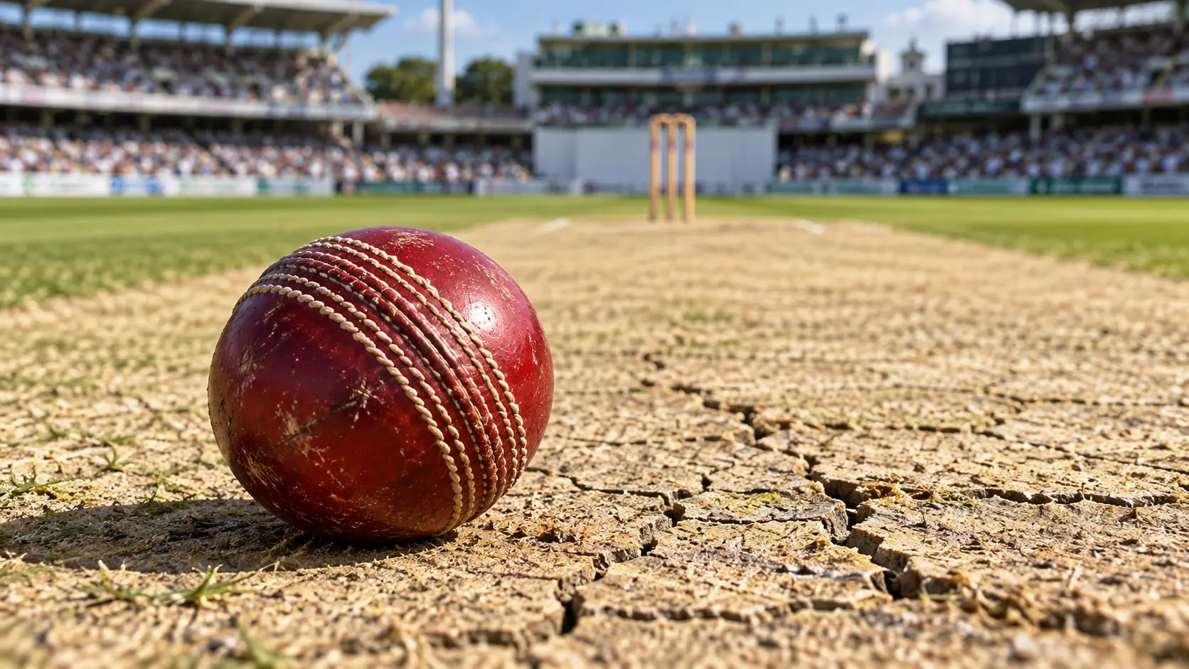 Red seam leather cricket ball resting on a worn five-day test pitch displaying cracks.