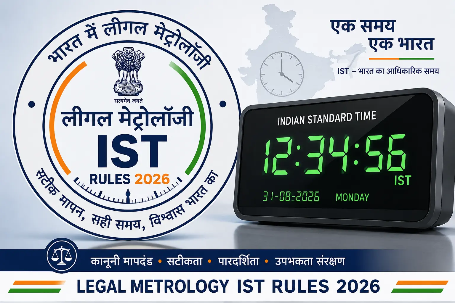ભારતમાં લીગલ મેટ્રોલોજી IST રૂલ્સ 2026 નો લોગો અને ડિજિટલ ઘડિયાળ દર્શાવતું ચિત્ર.
