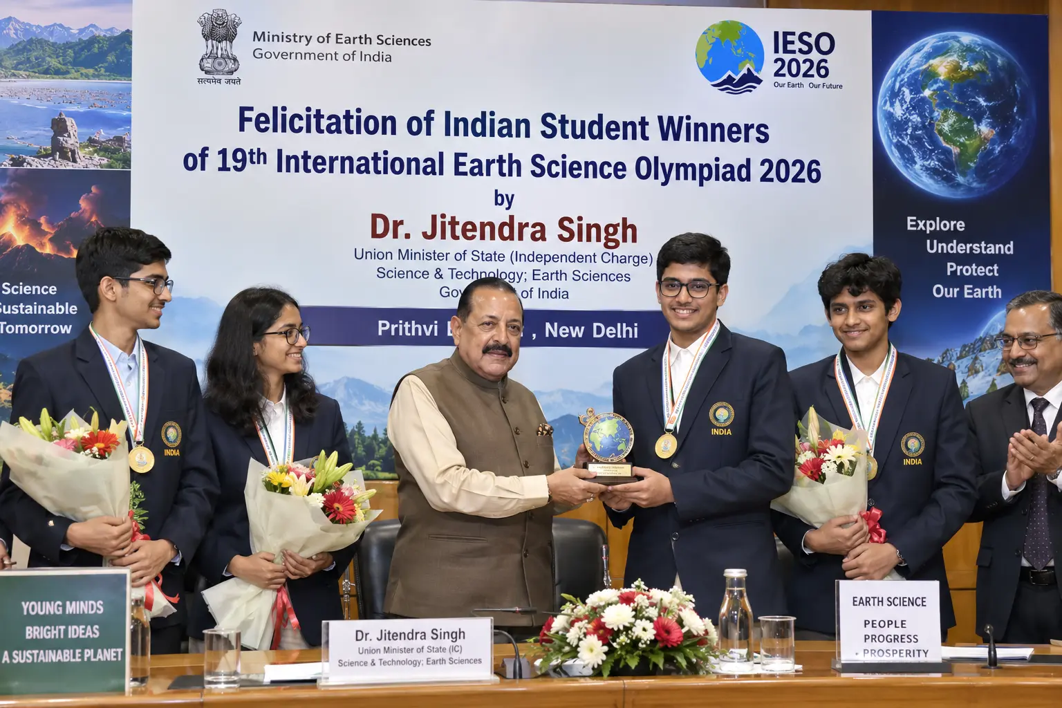 Dr Jitendra Singh felicitating Indian student winners of 19th International Earth Science Olympiad 2026 at Prithvi Bhawan New Delhi